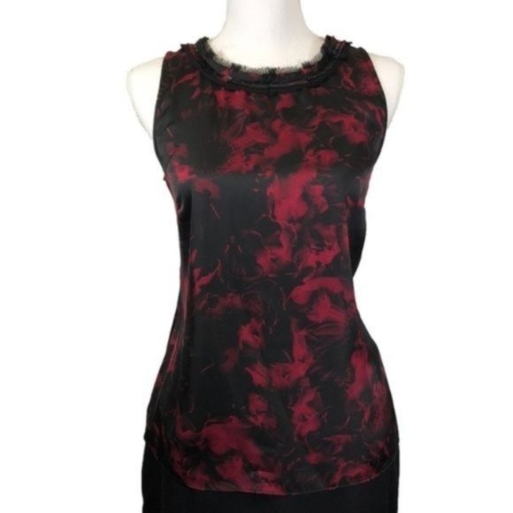 Dana Buchman Tops - Dana Buchman Black Floral Watercolor Ruffle Beaded Neckline Work Blouse Tank Top